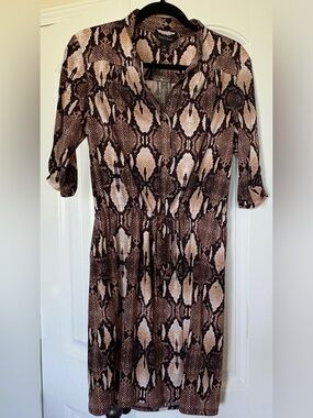 White House Black Market Brown Snake-Print Long Sleeve Midi Dress